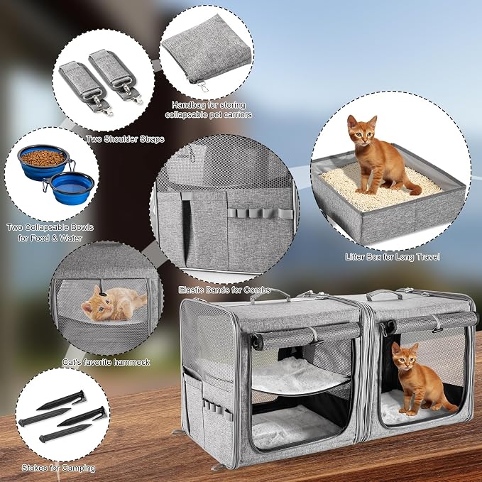 Extra Large Cat Carrier for 2 Cats with Travel Litter Box, 2-in-1 Foldable Soft Pet Car Travel Carrier with Zipper Locks for Multiple Cats Small Dogs Up to 45 Lbs, Gray