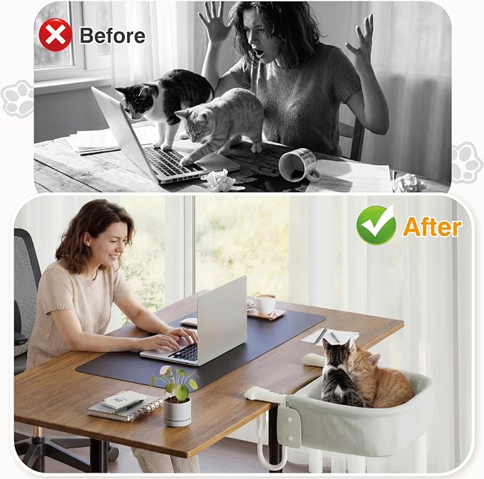 Extra-Sturdy Cat Desk Bed for Large Cats 50lbs Desk Cat Bed Attachment | for Desktop under 3", Heavy Duty, Paw Design, Waterproof, Dual-Sided Mat, Easy Assembly for Gaming Desk & Kitchen Island