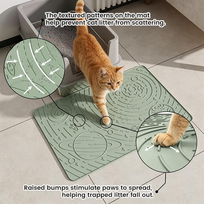 Cat Litter Mat Medium 23.6x15.7in, Sage Green Silicone Rubber Scatter Control Kitty Litter Box Trapping Mat, Waterproof Easy to Clean, Odorless Pet Supplies, Indoor Cat Essentials