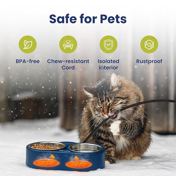 Heated Water Bowl for Cats, Outdoor Heated Pet Bowl in Winter | 18/8 Stainless Steel, Anti-chew Cord, Removable Bowls, Dual-bowl Heated System, Raised Ergonomic Stand, Blue, 3 Cups