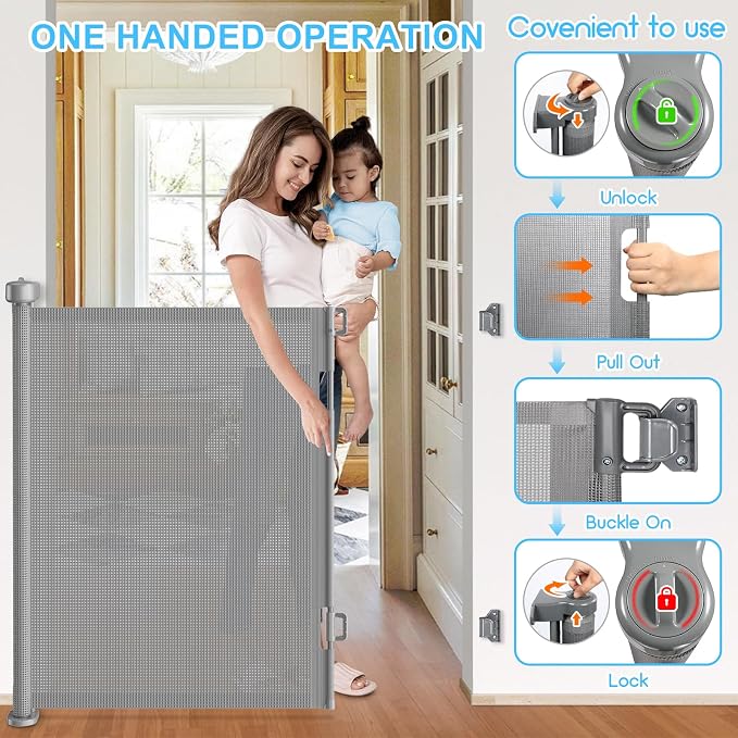 EZIGO 120 Inch Retractable Baby Gates, 41 Inch Extra Tall Retractable Gate | Reinforced Retractable Dog Gate with Rods, 10 FT Extra Long Mesh Pet Gate for Stairs Hallways Doorway Indoor Outdoor, Gray