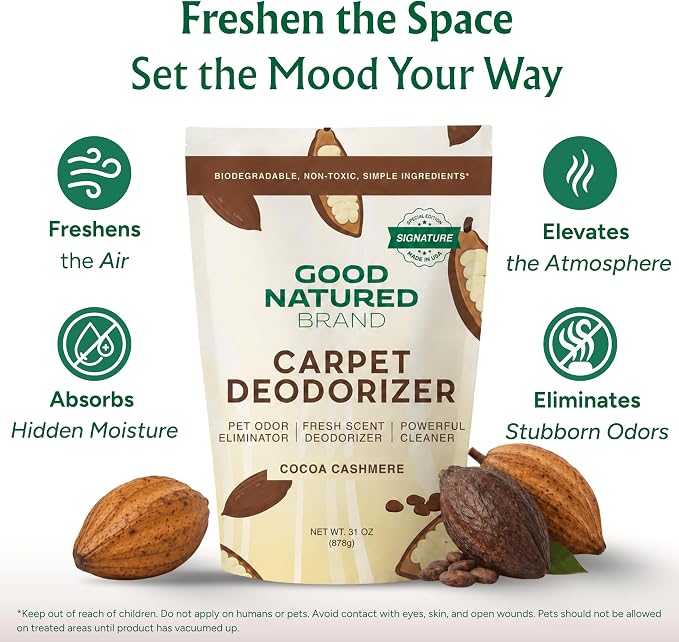 Good Natured Brand | Carpet Deodorizer & Freshener Powder | 31 oz Pet Odor Eliminator for Strong Odor & Pet Urine | Fresh Natural Cocoa Cashmere Scent | Safe for Homes with Pets