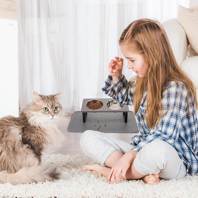Summark Upgraded Elevated Cat Bowls with Food Mat,15°Tilted Stand Anti Vomiting Raised Cat Dishes for Food and Water,2 Stainless Steel Bowls for Cats and Puppy（Gray）