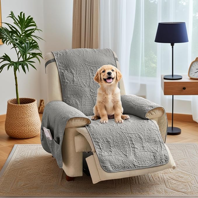 Quilted Recliner Chair Covers, Soft Lazy Boy Chair Covers, Water-Repellent Recliner Covers, Pet Friendly Chair Cover for Dogs Cats, Washable Sofa Protector (Recliner 22", Light Gray)
