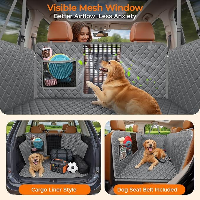 URPOWER Hard Bottom Dog Car Seat Cover, Back Seat Extender for Cars & SUVs | 400 lbs Support, 45% More Space, Waterproof, Mesh Window, Scratch Resistant, Non-Slip, Easy Care, Dog Seat Belt Included