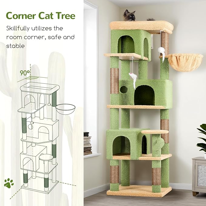 Globlazer F66 Cactus Corner Cat Tree, 66in Multi-Level Climbing Tower | Kitty Condos Cat Scratching Tower for Indoor Multiple Cats with Large Platform, 3 Cat Caves, Hanging Basket