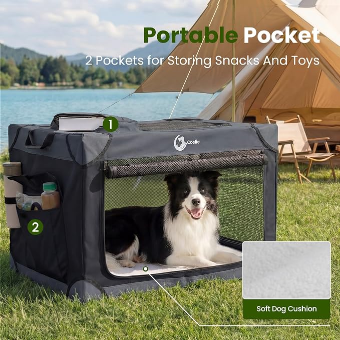Portable Collapsible Soft Dog Crate for Small Dogs, 26in Black | Oxford Cloth Travel Camping dog kennel with 4 Mesh Windows & 2 Storage Pockets,for Indoor & Outdoor Use