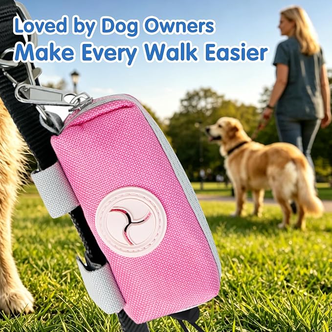 Dog Poop Bag Holder for Leash, Large-Capacity Canvas Pouch, Pink | Holds one bag roll, keys, treats, and small essentials with quick access, secure straps, and water-resistant canvas