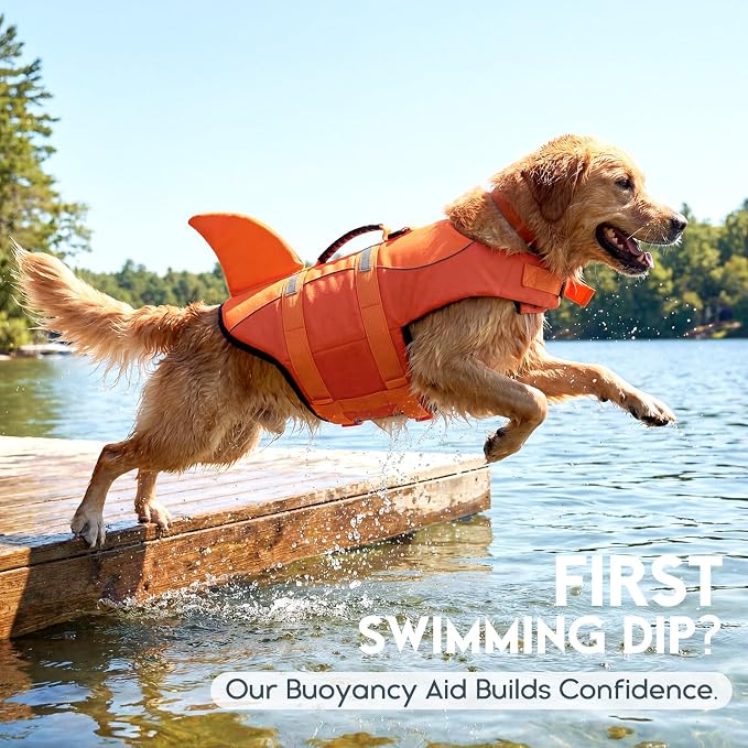 ASENKU Dog Life Jacket - Pet Safety Vest for Swimming & Boating, Shark Life Jacket with Floatation, Dog Lifesavers Swimsuits for Small Medium Large Dogs (OrangeMix, XS)