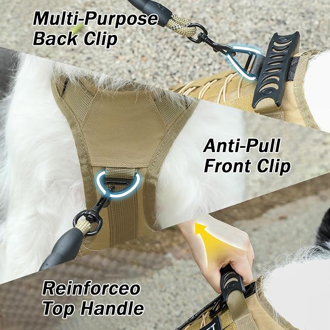 No Pull Tactical Dog Harness for Large Dogs, Service Dog Vest, XL, Brown | Tactical Dog Vest Harness and Leash Set, Adjustable Military Service Dog Harness with Handle for Medium Large Dogs