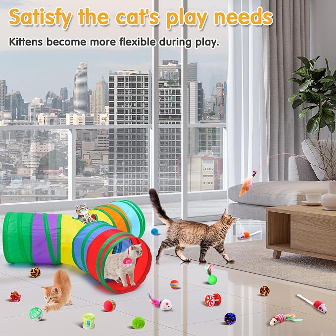 Poen 22pcs Cat Kitten Toys Set with 2 Collapsible Cat Tunnel and 20 Interactive Kitty Feather Toy, Fluffy Mouse, Crinkle Balls, for Kitten Puppy(Multicolor)