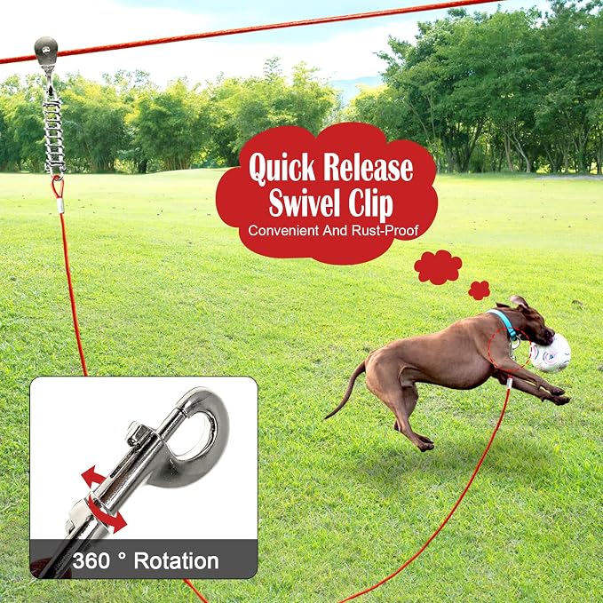 Dog Runner for Yard, Trolley System, 100FT+10FT, Red | Chew-resistant Cable, Shock Spring Softens Pulls, 360° Swivel Reduce Tangles