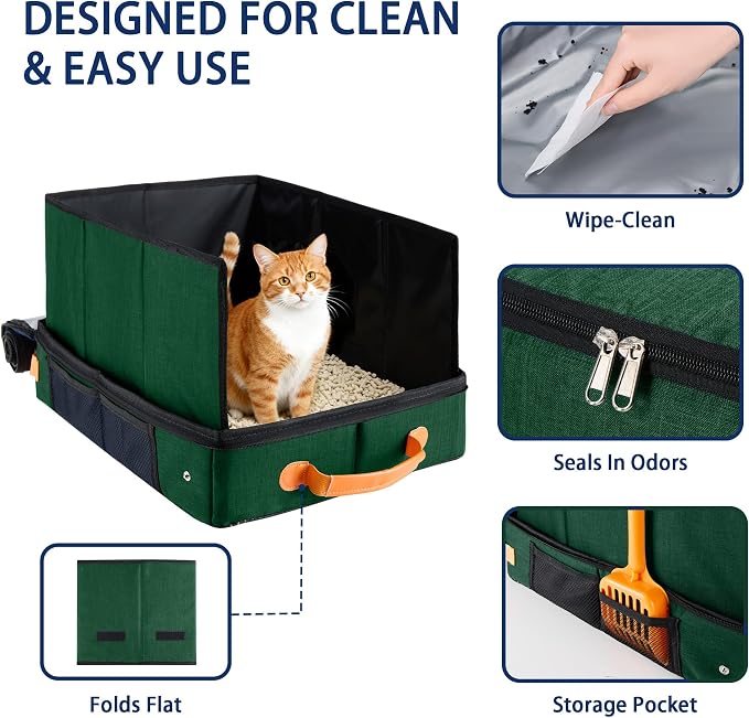 MORAIS Portable Travel Litter Box for Cats, 17.7"×13.5"×11" Collapsible Cat Litter Box with Lid, Leak-Proof Cat Litter Pan for Car Hotel Airplane, Waterproof & Easy to Carry- Green