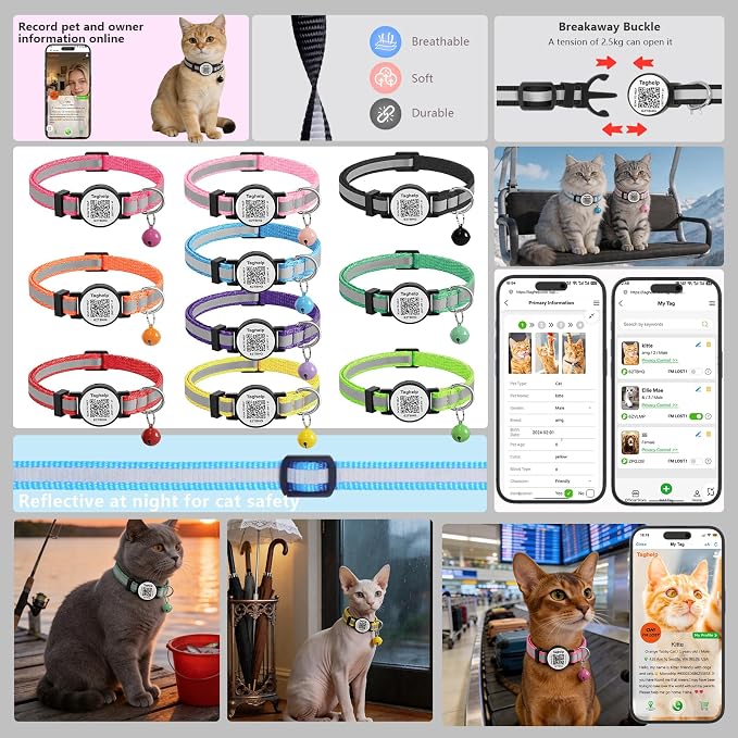 Smart QR Code Cat Collar 2-Pack, Breakaway Reflective Collar with Digital ID Tag - The Smart Upgrade to Personalized Name Collars, Adjustable with Bell (Yellow & Green)