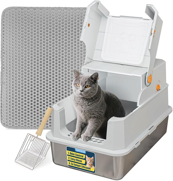 TENTIZON Stainless Steel Cat Litter Box with Lid, Large Covered Enclosed Kitty Litterbox with Hood, Flip Top, High Side, Litter Mat, Scoop for Big Cats, Kitten, No Odor, No Mess, Easy Clean, Grey