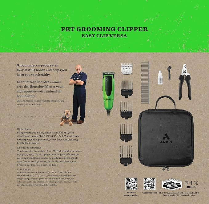 Andis 561121 Dr. Pol Easy Clip Versa Clipper Kit, 10 & 7FC Blades, Green | Includes 4 attachment combs, steel comb & nail clipper, dog grooming kit for all dog types