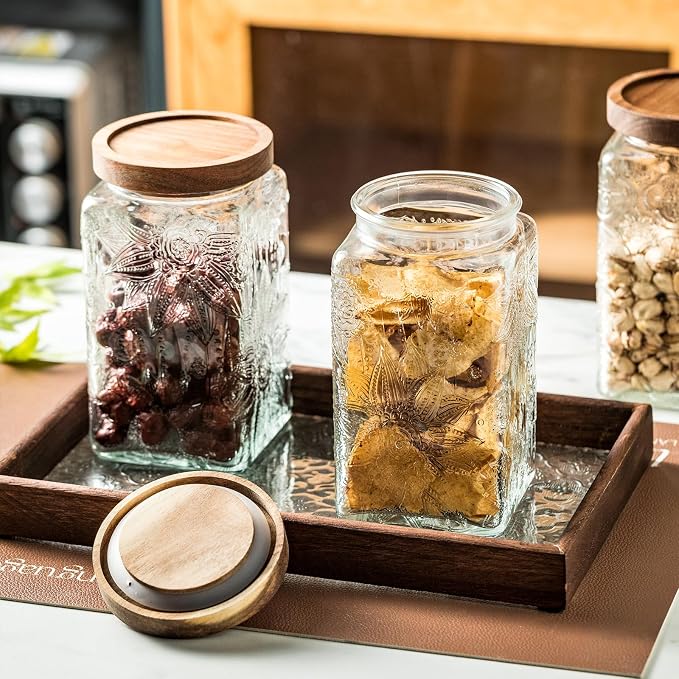 Vintage glass sealed storage jar with sealed wooden lid, Kitchen Storage glass food storage container for, coffee beans, oats, flour, cereal, food storage jar (2*plum blossom)