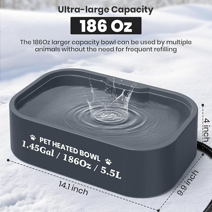 1.45 Gal/5.5L Heated Water Bowl, Extra Large Heated Dog Bowls for Outside, Safety Listed Heated Pet Bowl with Anti-Chew Cord for Dog & Cat Drinking Water in Winter, BPA-Free, Anti-Slip Base(Grey)