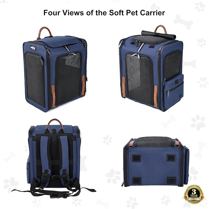 EliteField Deluxe Backpack Pet Carrier for Cats and Dogs (3-Year Warranty) | Airline Approved, Waterproof, 3 Scratch-Resistant Mesh Doors, Fleece Mat, Built-In Leash, Seat Belt Loops, Suitcase Sleeve