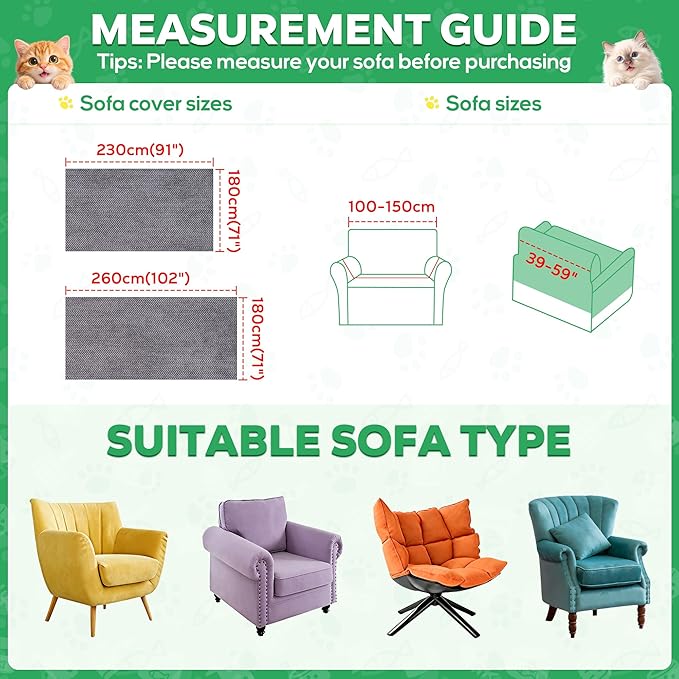 Loiion Cat Scratch Proof Furniture Protector Waterproof Sofa Cover 91"x71" | Pet-Friendly Couch Protector, Anti-Scratch & Anti-Slip Sofa Cover For Cats Dogs Kids, Machine Washable