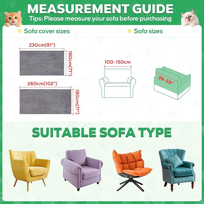 Loiion Cat Scratch Proof Furniture Protector Waterproof Sofa Cover 102"x71" | Pet-Friendly Couch Protector, Anti-Scratch & Anti-Slip Sofa Cover For Cats Dogs Kids, Machine Washable