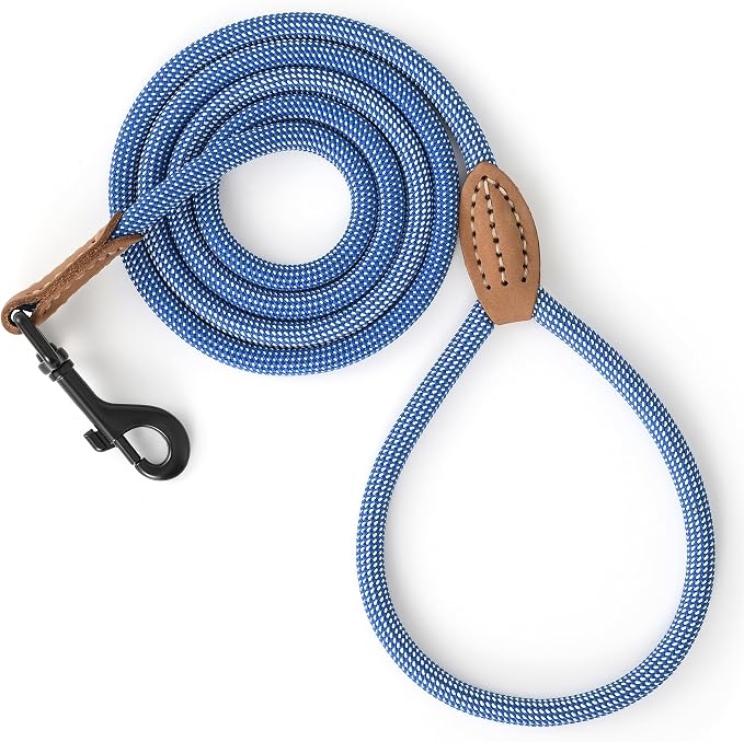 Mile High Life Thin Small Dog Leash with Genuine Leather Connection | Rope Leash, Heavy Duty 360° Swivel Metal Clasp, for Small Medium & Large Dogs (Blue White, 60 Inch)