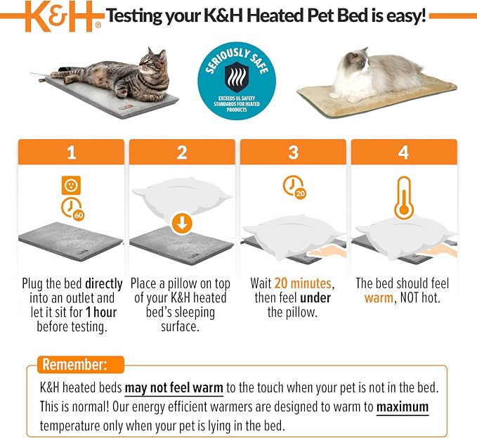 K&H Heated Cat Bed, Thermo-Kitty Mat Indoor, Safety Listed, 6W, Gray | Removable Waterproof Cat Heating Pad, Reversible Calming Warm Foam Pet Pad, Machine Washable, Smart Thermostat, 25x12.5in