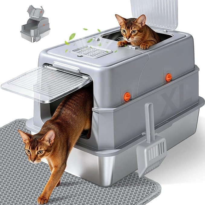Enclosed Stainless Steel Litter Box, XL Covered MetalPan Includes Mat Scoop | Easy Cleaning Anti-Urine Leakage Non-Sticky Front Entry Top Exit