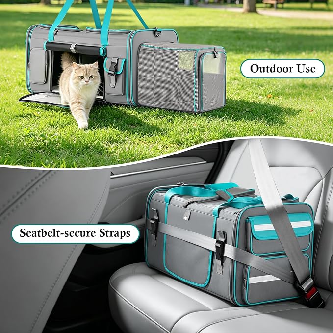Keaber Cat Carrier for 2 Cats with Expandable Space & Litter Box, Gray | Extra Large Soft Sided Pet Carrier with Detachable Divider, Puppy Travel Carriers for Home, Car, Camping & Vet Visits