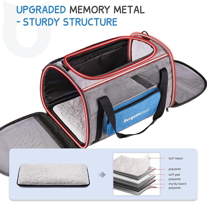 BurgeonNest Cat Carrier, Soft Sided Top Loading Carrier, Medium Gray | Soft sided gray carrier with mesh windows, storage pocket and practical features for daily cat travel