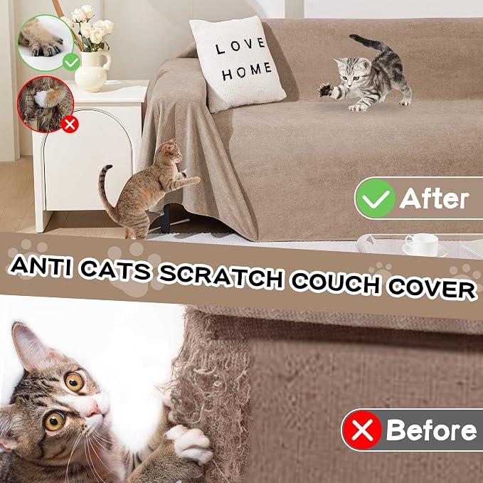Couch Cover for 3 Cushion Sofa, Cat Scratch Proof Couch Protector Washable Sofa Covers Sectional Couch Covers for Dogs Soft L Shape Sofa Slipcover for Pets Kids, 91" x134”, Khaki