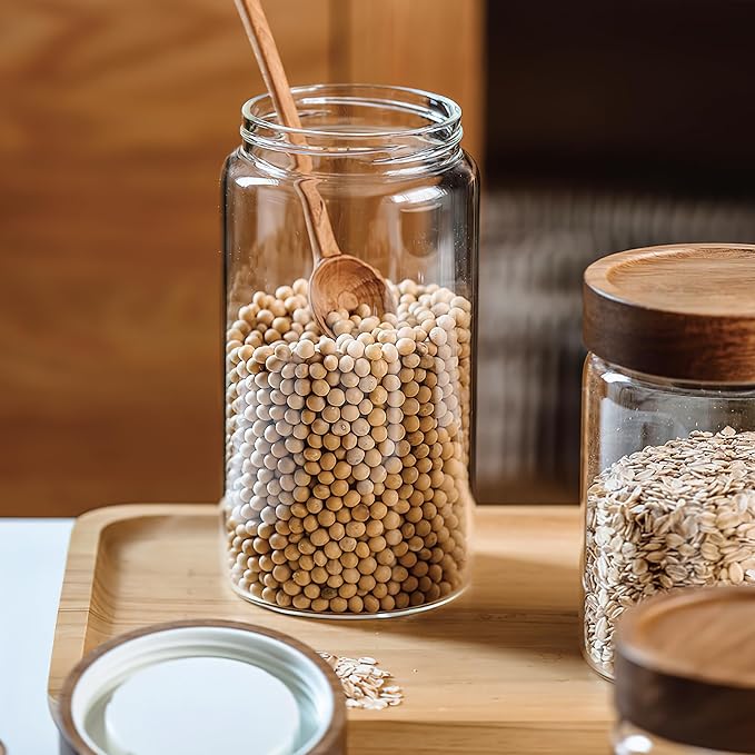 40 oz/1200 ml Clear Glass Storage Canister with Airtight Wooden Screw Lid, Large Tall Cute Decorative Glass Food Container Jar for Coffee,Spice,Candy,Salt,Cookie,Condiment,Pepper,Sugar,Pasta