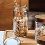 3 Pack 28 fl oz/850 ml Clear Glass Storage Canister with Airtight Wooden Screw On Lid, Medium Decorative Glass Container Jar Set for Coffee, Candy, Cookie, Condiment, Pepper, Sugar, Oatmeal