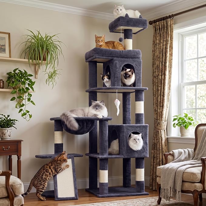 68 Inches Heavy Duty Cat Tree for Indoor Cat, Big Cat Tower | Cat Houses & Tree Tower with 2 Condos, Sisal Scratching Posts & Large Platform for Indoor Cats Large Adult, Dark Grey