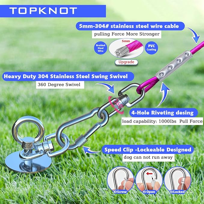 TOPKNOT Dog Tie Out Cable and Stake,(up to 200lbs) 20FT Heavy Duty Cable,360°Swivel Run Anchor- No Tangle,Dog Runner for Yard,Ideal for Outdoor Camping