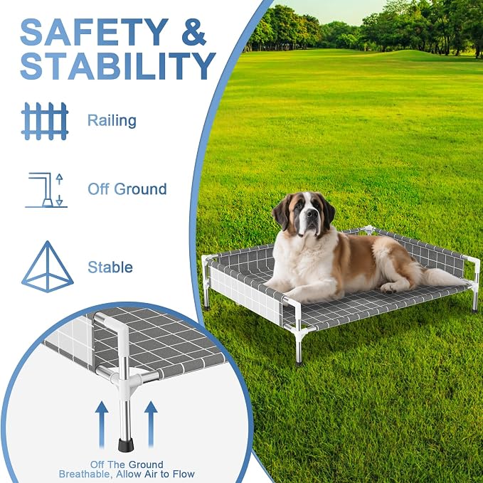 Elevated Dog Bed with Guardrail, Raised Pet Bed for Medium Dogs | Rust-resistant stainless steel frame with safety fence & soft cotton fabric. Anti-slip feet for secure indoor and outdoor use