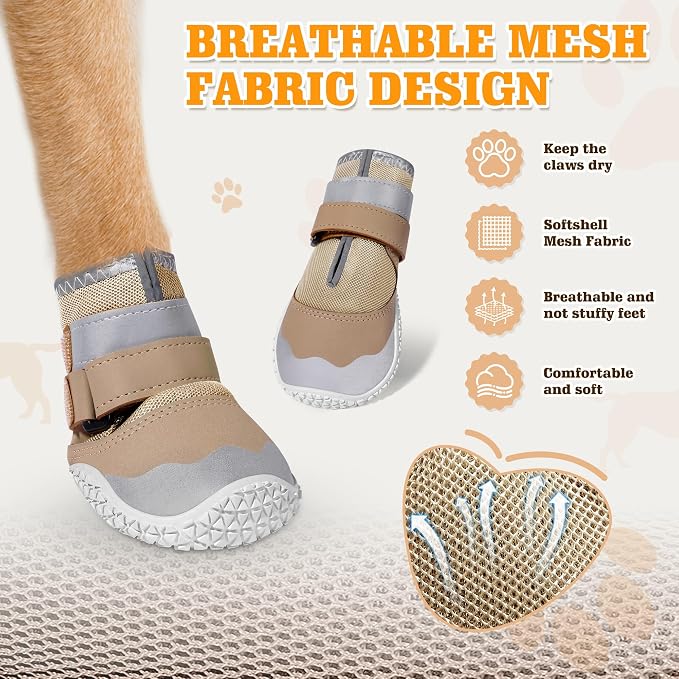 DcOaGt Dog Shoes for Hot Pavement Mesh Dog Boots Dog Booties for Snow 4PCS | Breathable with Reflective Strips 360°Anti-Slip Rubber Soles for Summer Winter Hiking Hardwood Floors to Prevent Licking