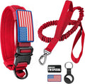 Tactical Dog Collar and Bungee Leash,Military Dog Collar & Leash Set with USA American Flag Adjustable K9 Collar with Heavy Duty Metal Buckle & Handle,with Patches and Airtags Case (L, Red)