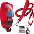 Tactical Dog Collar and Bungee Leash,Military Dog Collar & Leash Set with USA American Flag Adjustable K9 Collar with Heavy Duty Metal Buckle & Handle,with Patches and Airtags Case (M, Red)