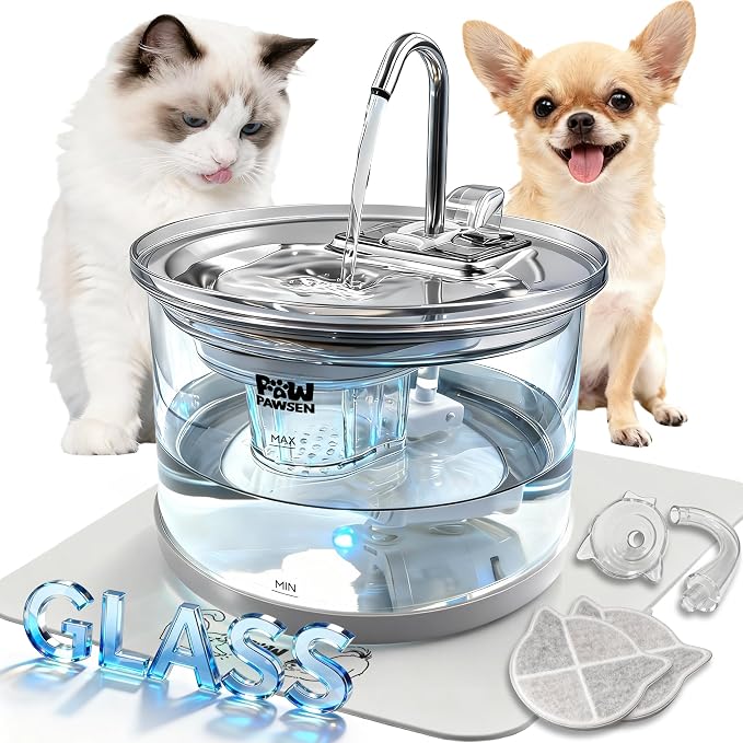 Glass Cat Water Fountain 70oz Dishwasher Safe Pet & Dog Fountain | Automatic 2.1L drinking water dispenser,Easy to Clean Glass Bowl,Ultra Quiet Pump,3-Stage Filtration for indoor Cats & Dogs