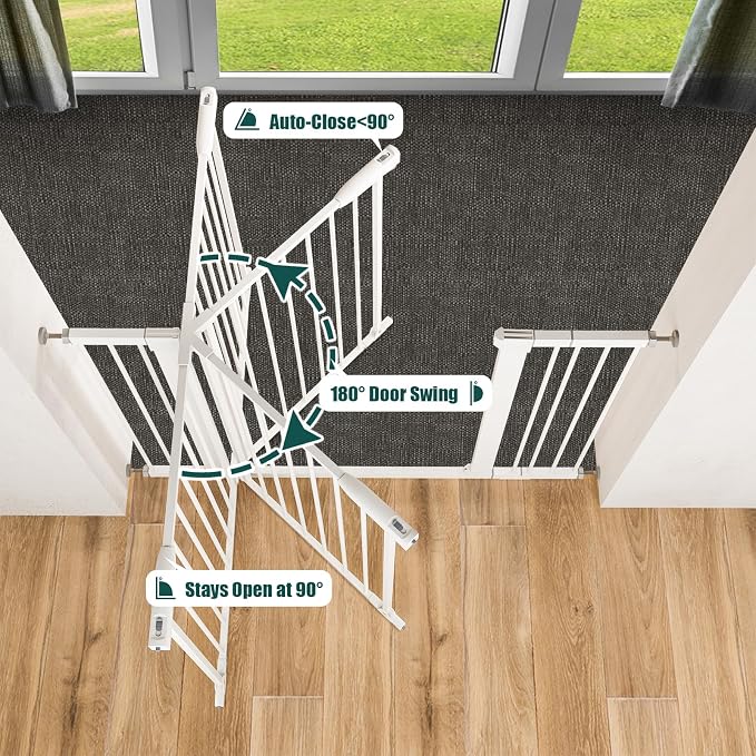 keny 29.7"-51.5" Extra Wide Baby Gate for Stairs, Easy Walk Thru Dog Gate | 21.1" Large Opening Door, Pressured Mounted No Drilling Pet Gate, 30" Tall, White