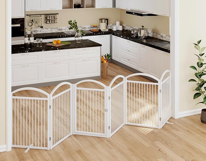 Folding Pet Fence 144" Wide, 32" Tall,Freestanding Dog Gate with Door,White | 6 Panels No-Assembly Metal Pet Fence Walk Through,Extra Accordion Puppy Folding Playpen for Doorways, Stairs,House