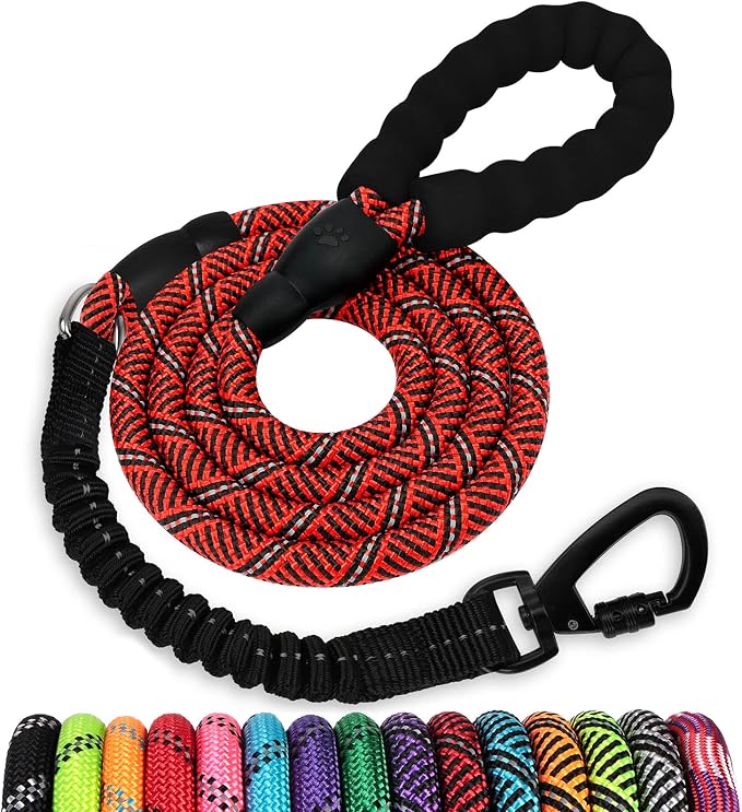 Rope Dog Leash 6 FT: Heavy Duty Leashes with Swivel Lockable Hook Reflective Threads Bungee and Padded Handle - Dog Lead for Large Small Medium Dogs Outside Walking Hiking Red Black