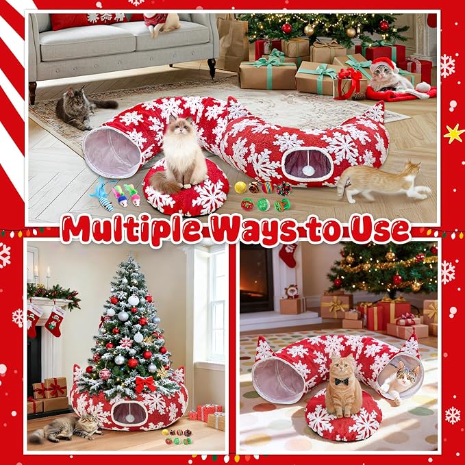 OurWarm Cat Tunnel Christmas Tree Skirt, Red Snowflake Cat Donut Tunnel Under Christmas Tree with Washable Mat & 11Pcs Cat Toys Interactive, Soft Plush Peekaboo Cave Bed for Indoor Cats Small Animals