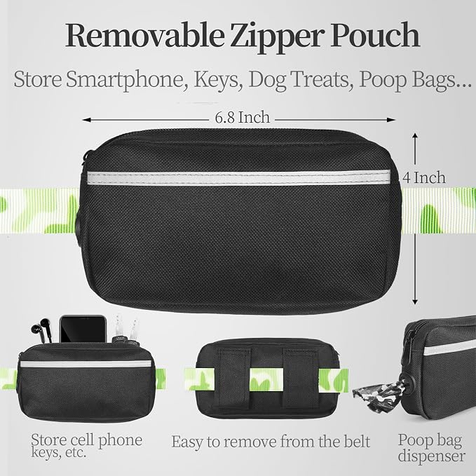 iYoShop Hands Free Dog Leash with Zipper Pouch, Dual Padded Handles and Durable Bungee for Walking, Jogging and Running Your Dog (White-Green Mix, Large)