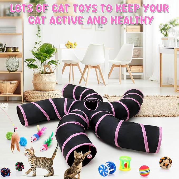 Poen 21 Pcs Cat Tunnel for Indoor Set Collapsible 5 Way Tubes with 20 Pcs Cat Kitten Toys Interactive Feather Toy Mouse Crinkle Balls Tube for Puppy Kitten Rabbit(Pink Black)