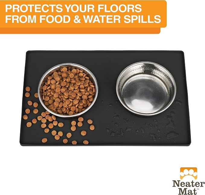 Neater Pet Brands Neater Mat Pet Mats for Food and Water, Cat & Dog Bowl Mat Waterproof Silicone, Feeding Tray, Dog Food Mats for Floors, Placemat w/Raised Edge for Under Bowls, 19” x 12”, Black