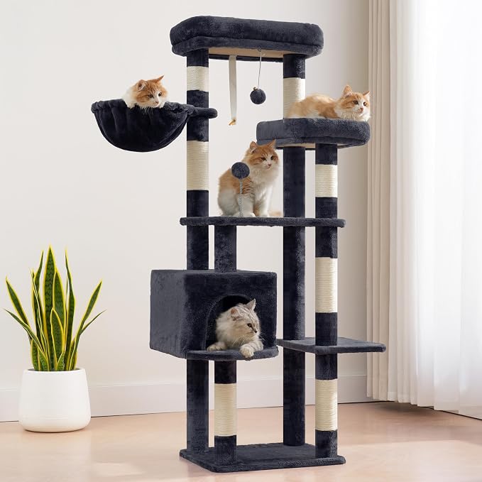 Gitelsnour 55.1'' Cat Tree Tower for Indoor Cats, Large Platform, CCT013G | 7 Sisal Scratching Posts, Multi-level Cat Condo Cat Cave, 2 Padded Perches, Basket, Furry Ball, Toy, Smoky Gray