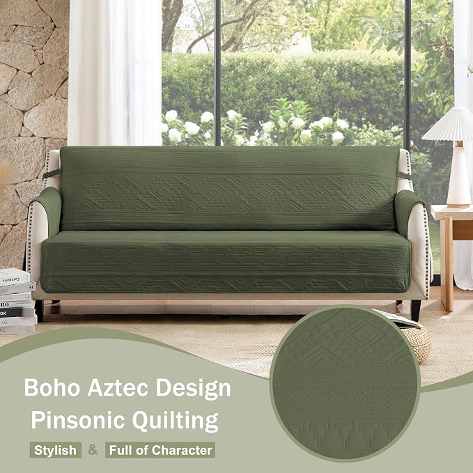 Boho Quilted Recliner Covers, Water-Repellent Recliner Slipcovers, Lazy Boy Chair Covers, Pet Friendly Recliner Cover for Dogs Cats, Washable Furniture Protector (Recliner 22", Olive Green)