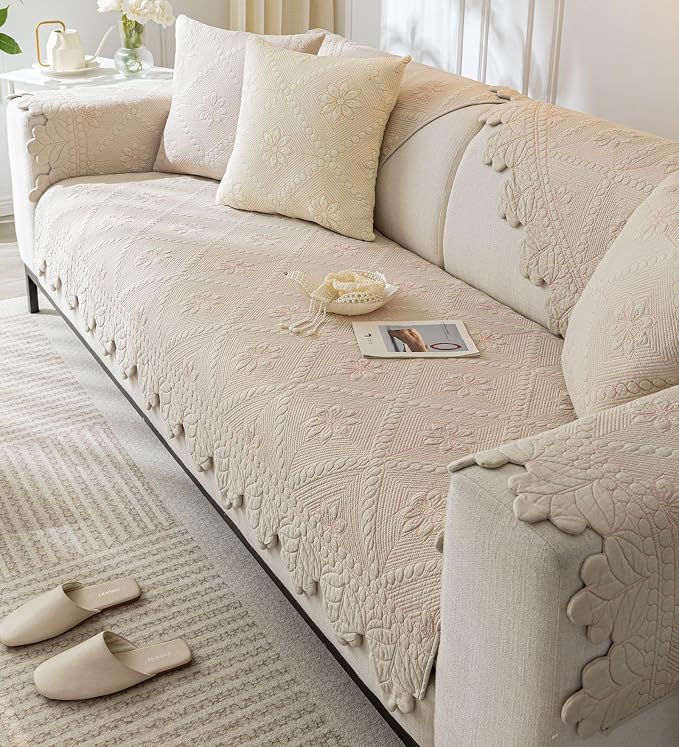 Cotton Quilted Dog Couch Cover for Sofa Farmhouse Rustic Embroidery Sectional Couch Cover Soft Anti-Slip Sofa Slipcover Furniture Protector for Kids, Pets (Khaki,43"x82")